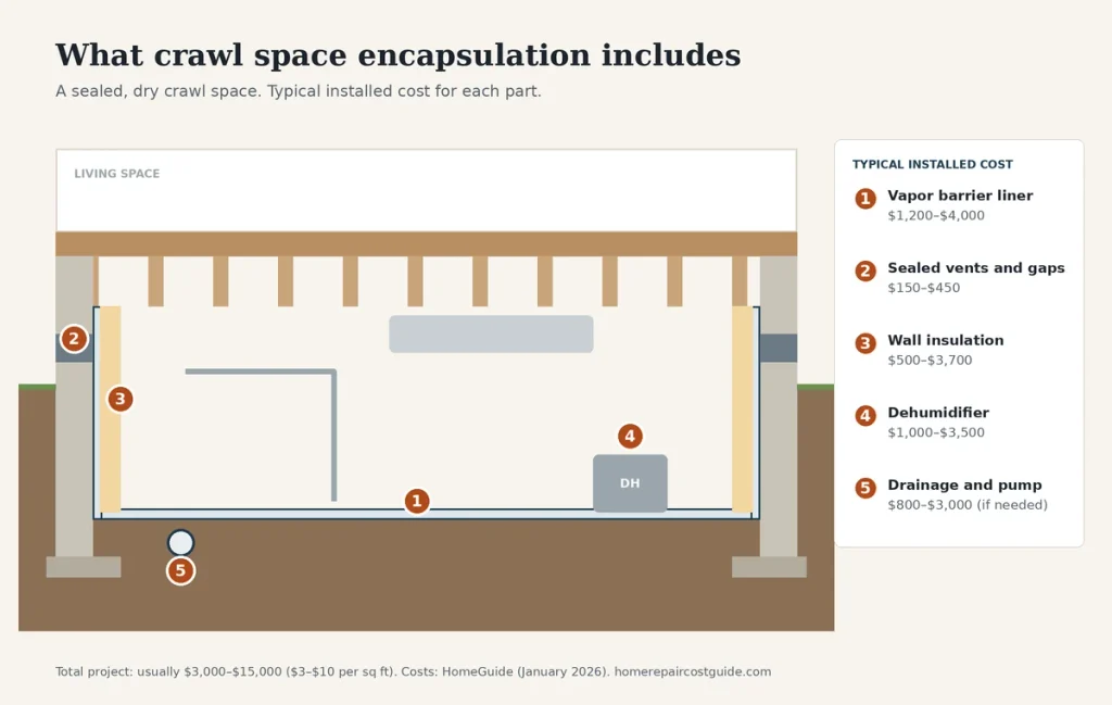 Crawl space encapsulation cost diagram showing vapor barrier, sealed vents, wall insulation, dehumidifier and drainage with typical prices