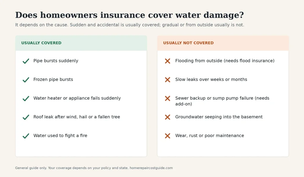 Does homeowners insurance cover water damage chart showing which types of water damage are usually covered and which are not