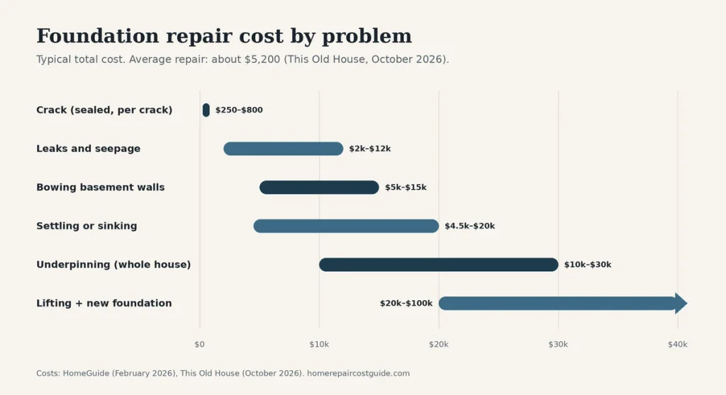 Foundation repair cost chart comparing typical price ranges for cracks, leaks, bowing walls and settling foundations