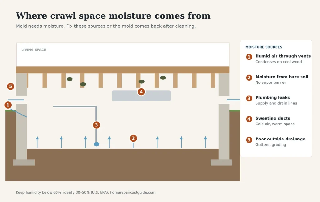 Mold in crawl space diagram showing the main sources of moisture: humid air through vents, wet soil, plumbing leaks, sweating ducts and poor drainage