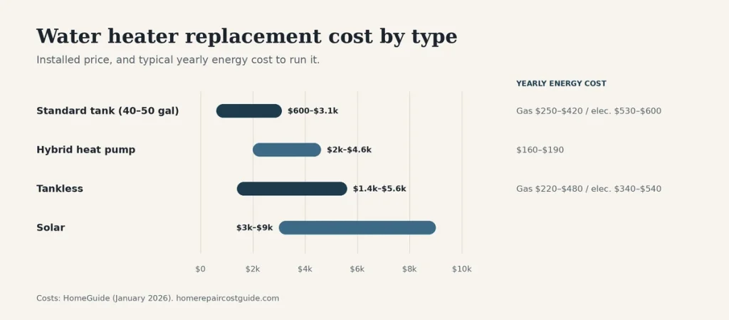Water heater replacement cost chart comparing tank, tankless and hybrid heat pump installed prices, yearly running cost and lifespan